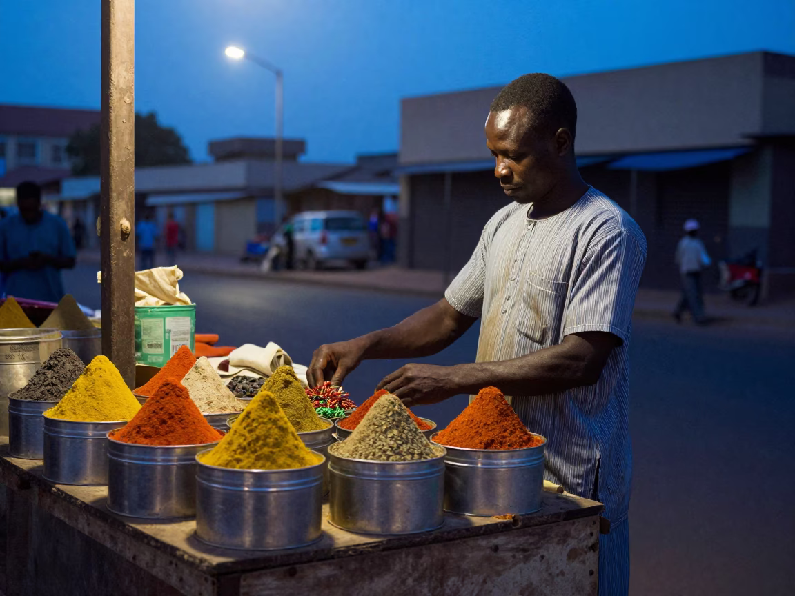 Dakar Market Vendor Preparing Spices Before Dawn Light in Senegal in in Dakar, Senegal