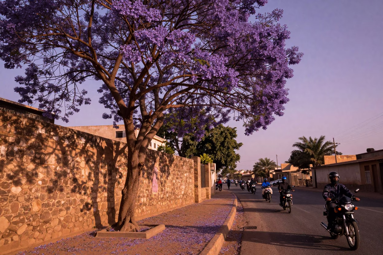 Dakar Motorcycle Convoy at Copper-toned Light Before Dusk in in Dakar, Senegal