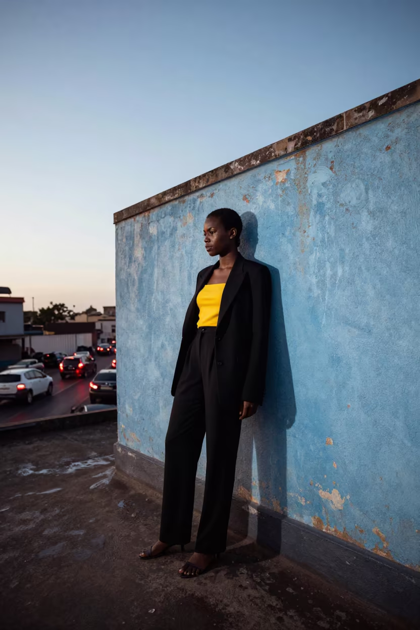 Dakar Rooftop Fashion Portrait Evening Light in on a rooftop above evening traffic in Dakar
