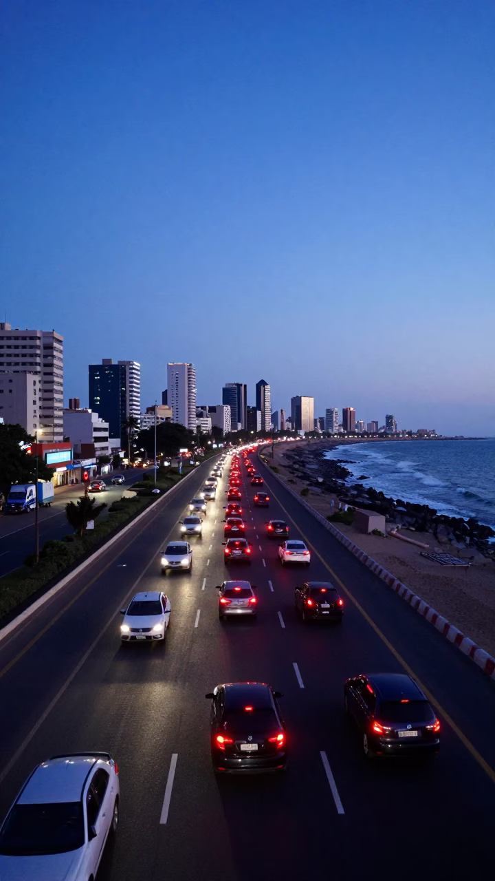 Dakar Senegal Blue Hour Coastal Highway Traffic and Motorcycle with City Skyline in in Dakar, Senegal