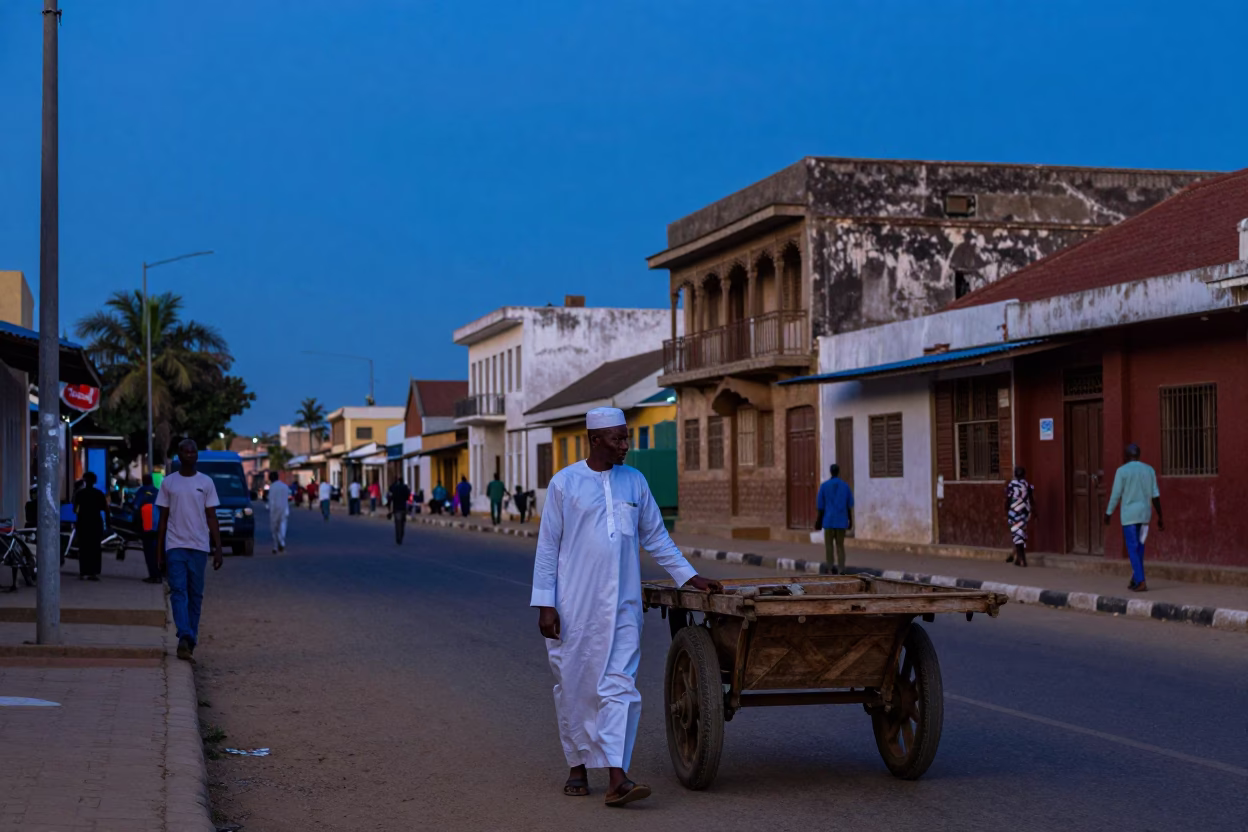 Dakar Senegal Blue Hour Street Scene with Cobalt Sky and Traditional Architecture in in Dakar, Senegal