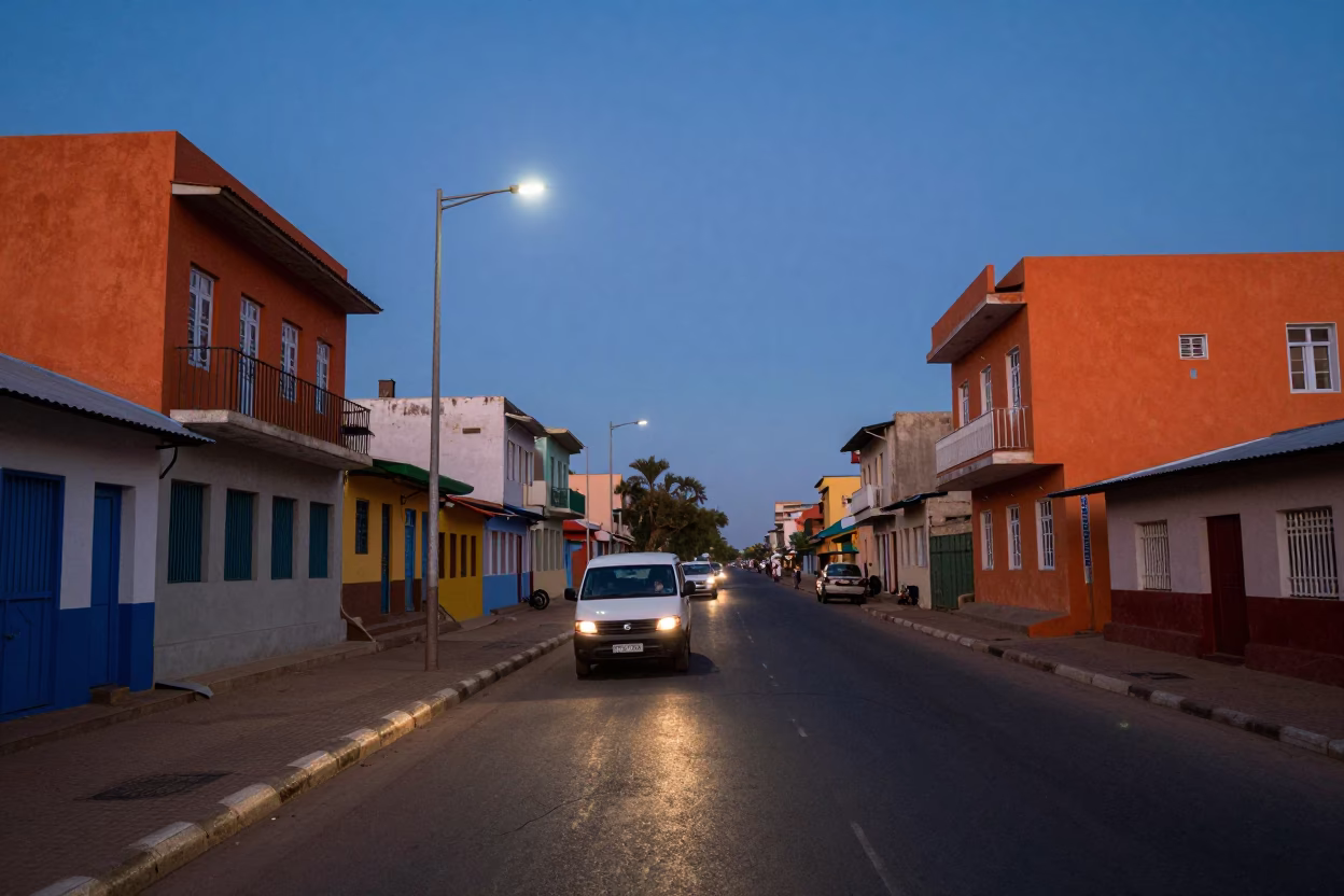 Dakar Senegal Blue Hour Street Scene with Colorful Architecture and Evening Light in in Dakar, Senegal