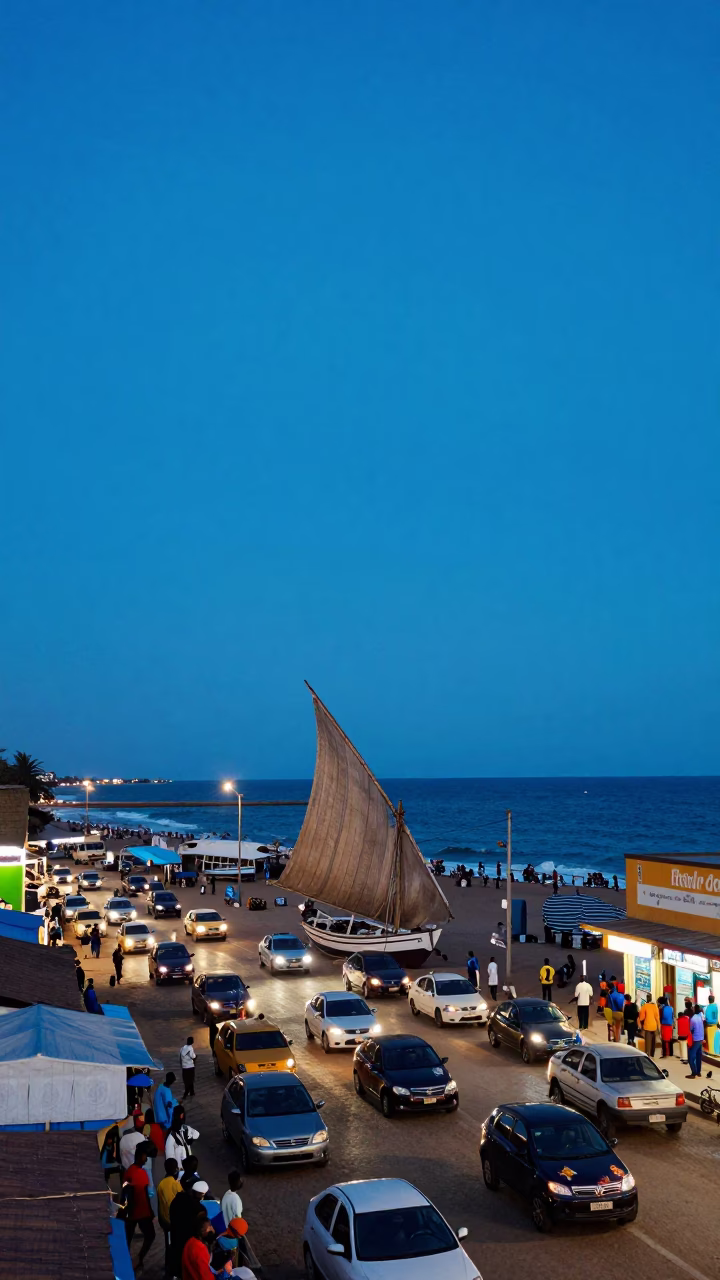 Dakar Senegal Blue Hour Street Scene with Dhow Sailboat and Vibrant Traffic in in Dakar, Senegal