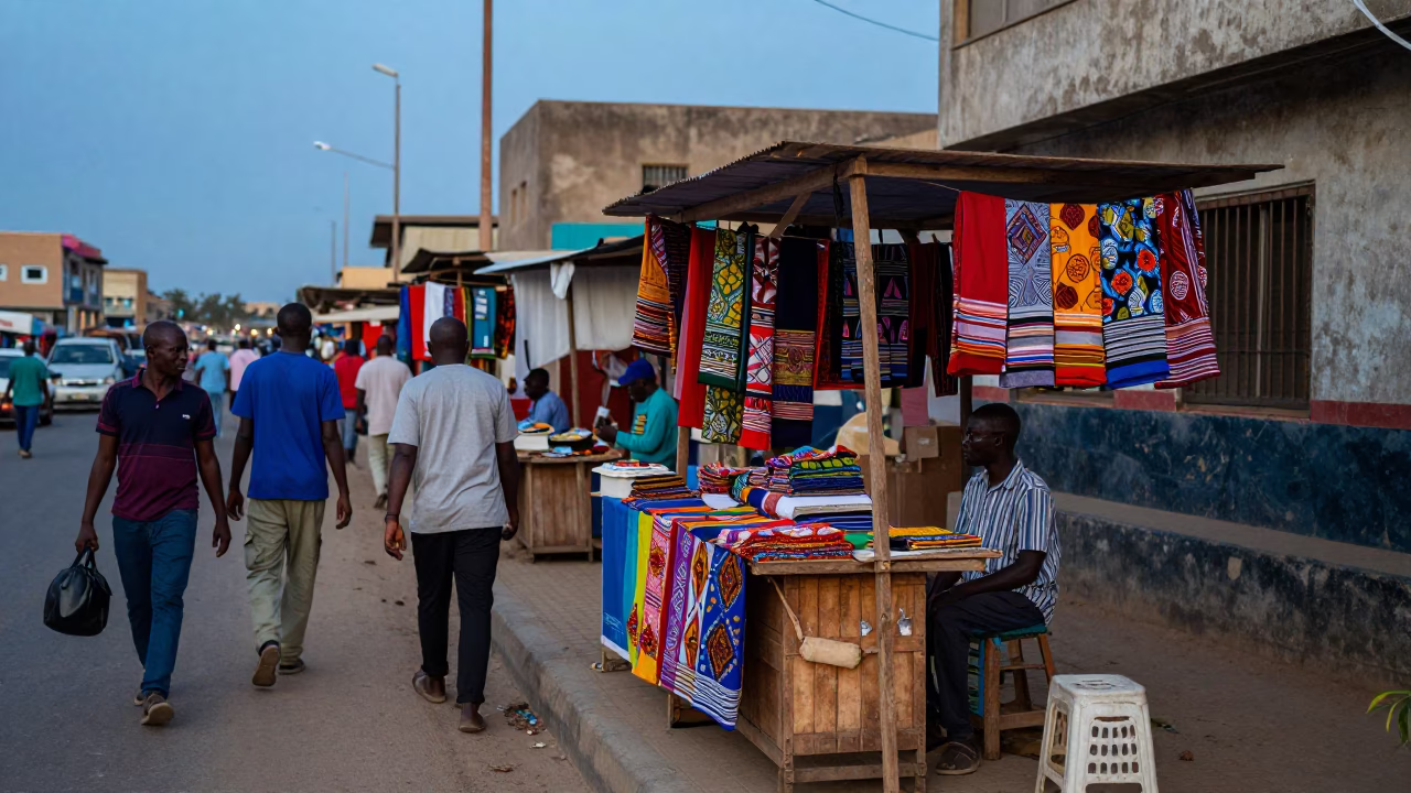Dakar Senegal blue hour street scene with local commerce and daily life in in Dakar, Senegal