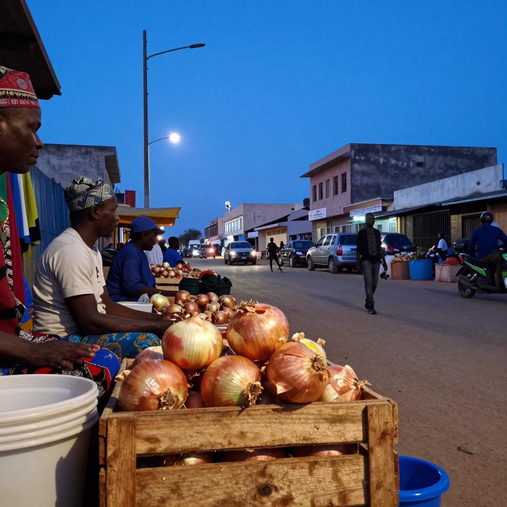 Dakar Senegal Blue Hour Street Scene with Market Goods and Evening Activity in in Dakar, Senegal