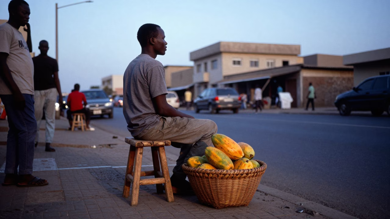Dakar Senegal Blue Hour Street Scene with Papayas and Wooden Work Stool in in Dakar, Senegal