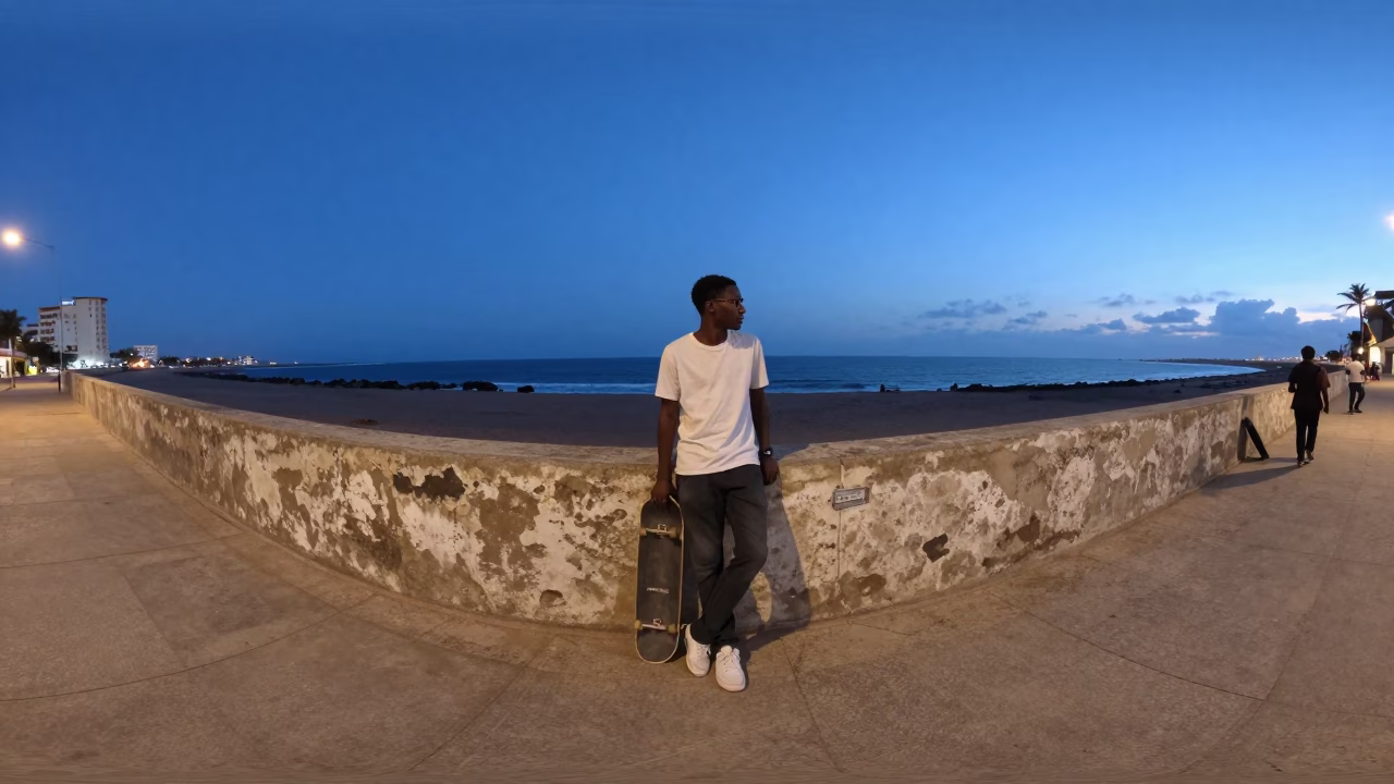 Dakar Senegal Blue Hour Street Scene with Skateboard and Coastal Life in in Dakar, Senegal
