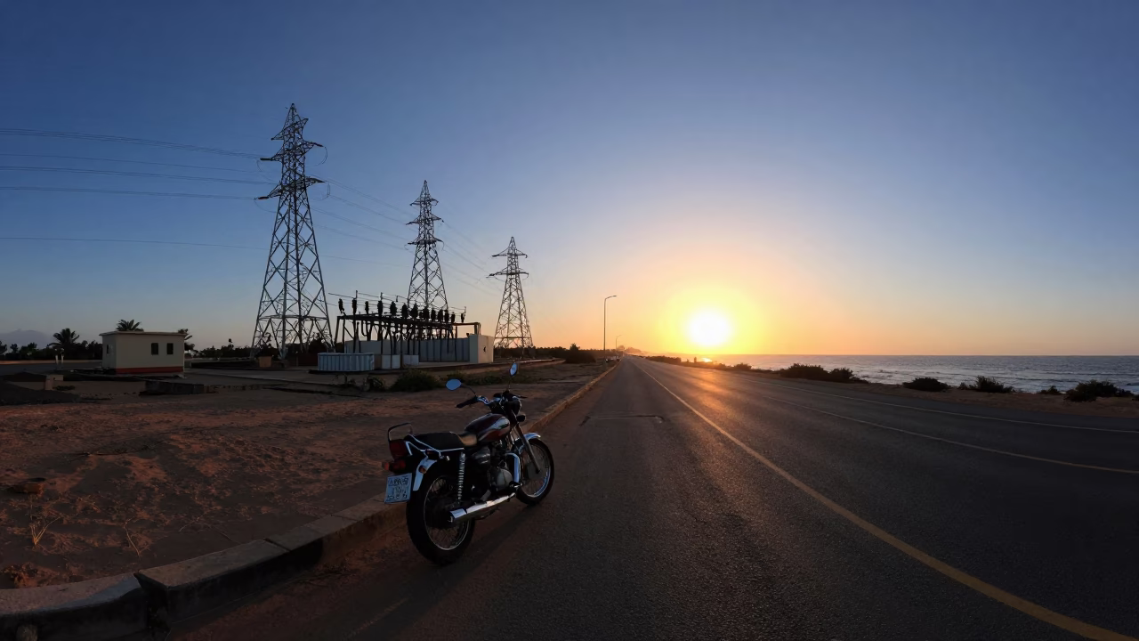 Dakar Senegal Coastal Highway Sunset Motorcycle Power Substation Lattice Twilight in in Dakar, Senegal