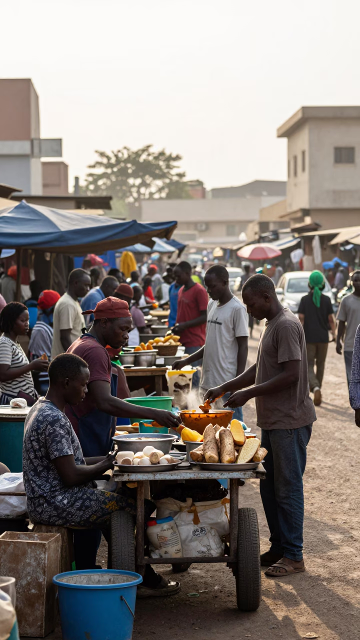 Dakar Senegal Dawn Busy Street Market Scene with Local Commerce and Morning Light in in Dakar, Senegal