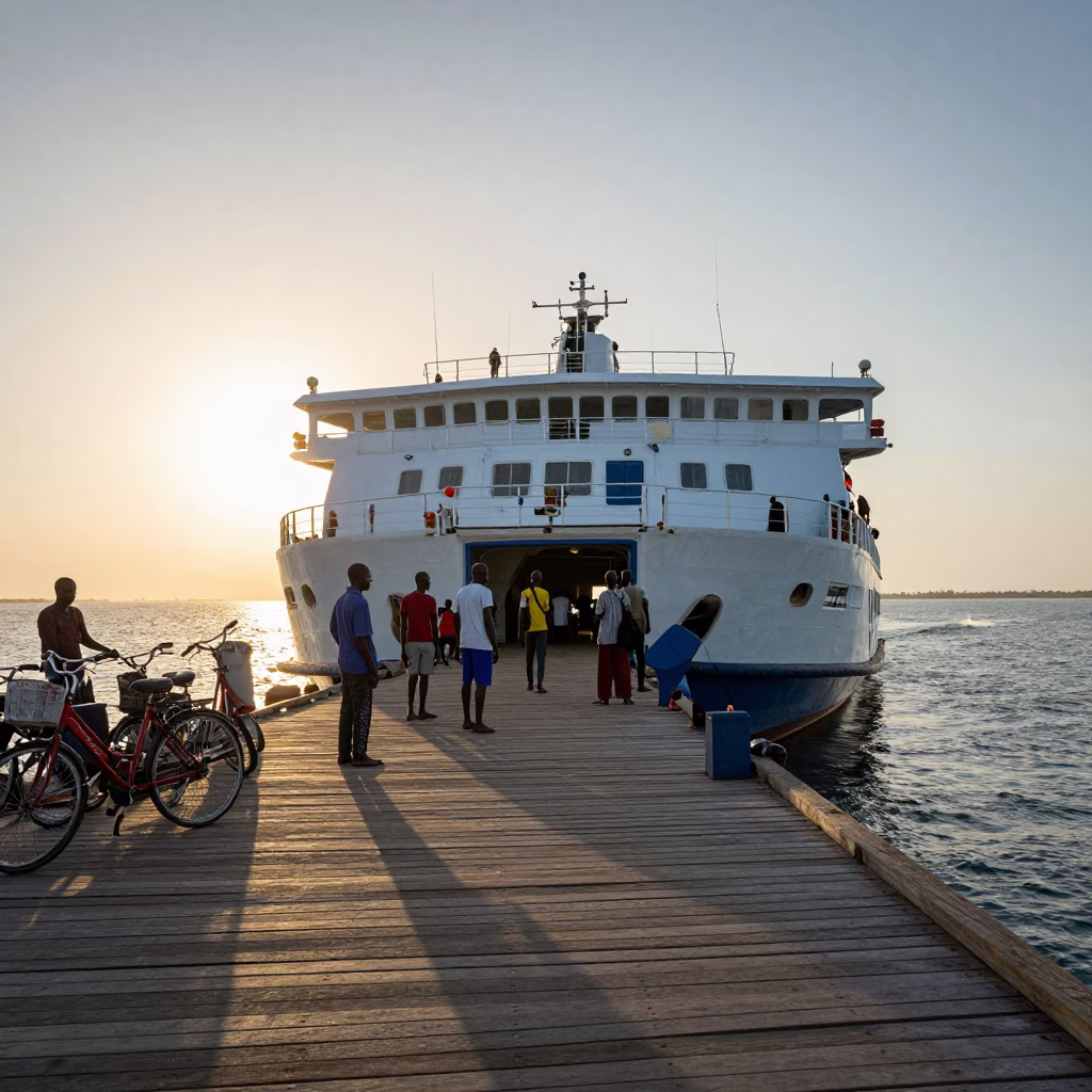 Dakar Senegal Dawn Ferry Loading Passengers and Bicycles at Coastal Dock in in Dakar, Senegal