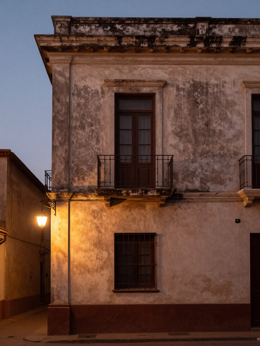 Dakar Senegal Dawn Light on Colonial Building Facade with Window Shadows in in Dakar, Senegal