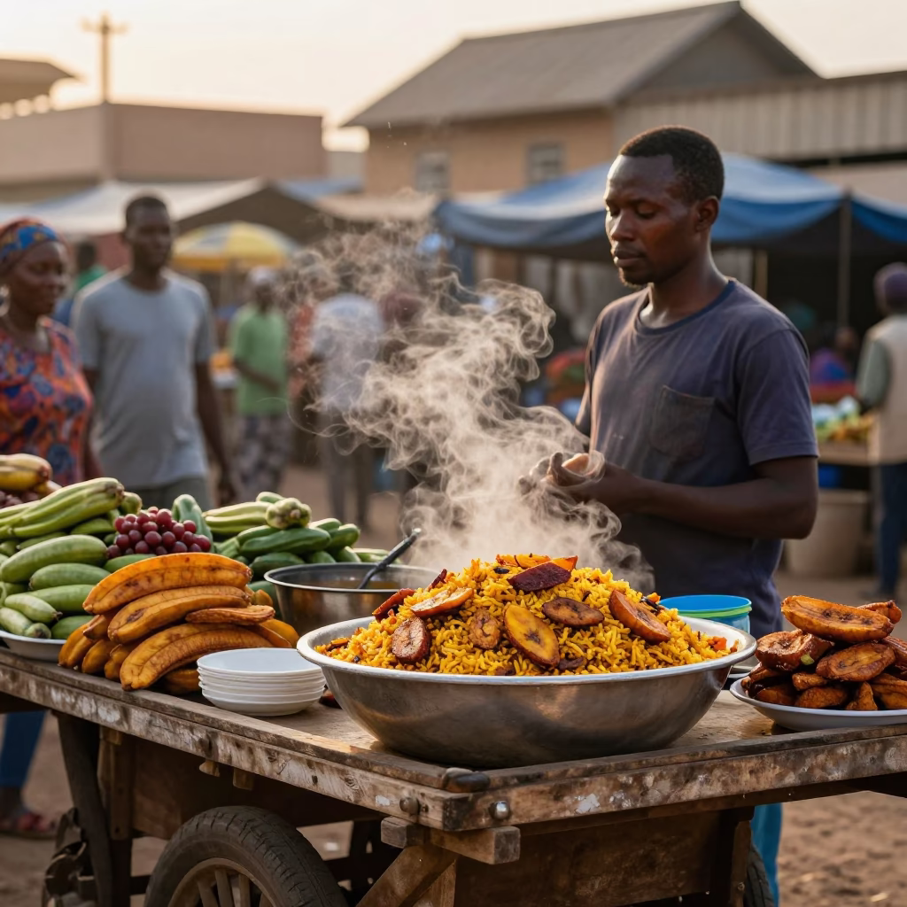 Dakar Senegal Dawn Market Scene with Jollof Rice and Local Commerce in in Dakar, Senegal