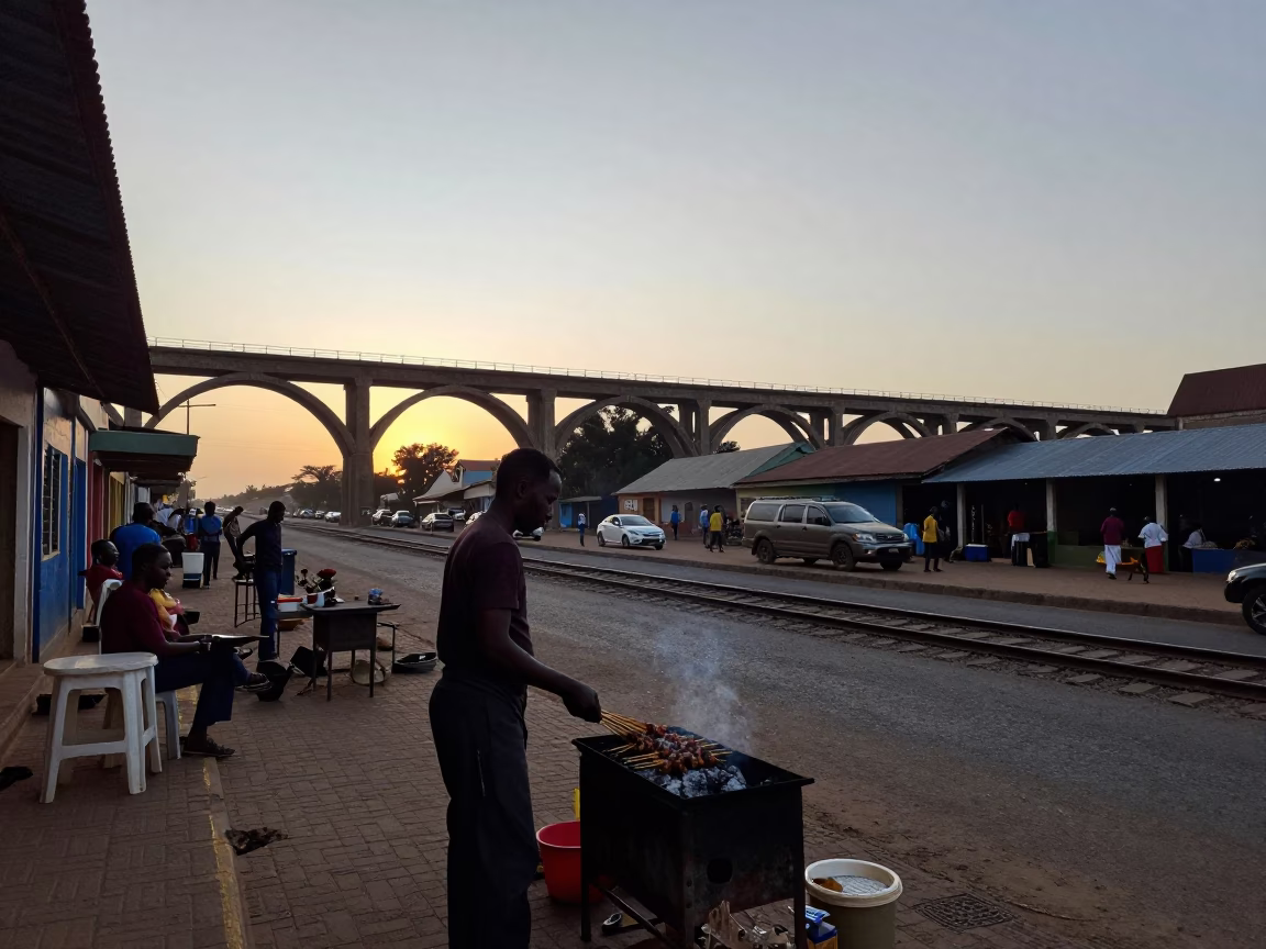 Dakar Senegal Dawn Street Scene with Grilled Kebab and Railway Viaduct in in Dakar, Senegal