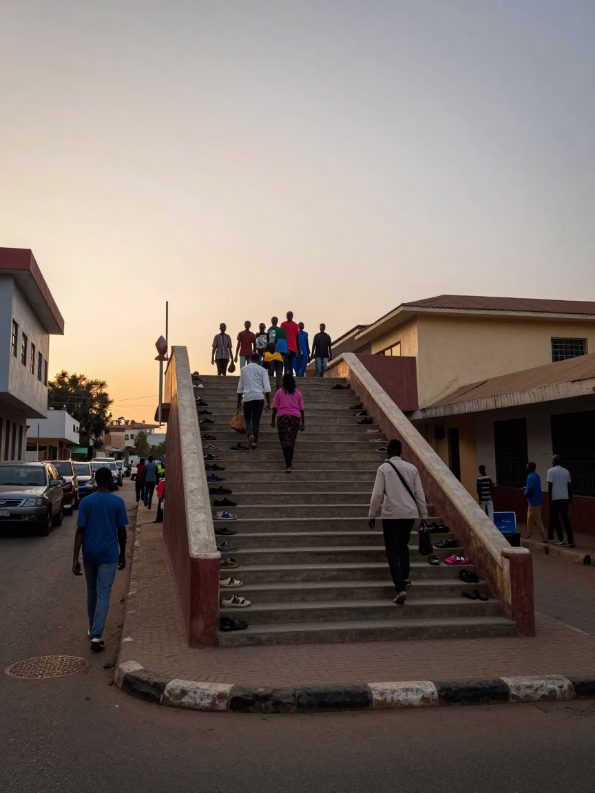 Dakar Senegal Dawn Street Scene with School Staircase and Morning Commuters in in Dakar, Senegal