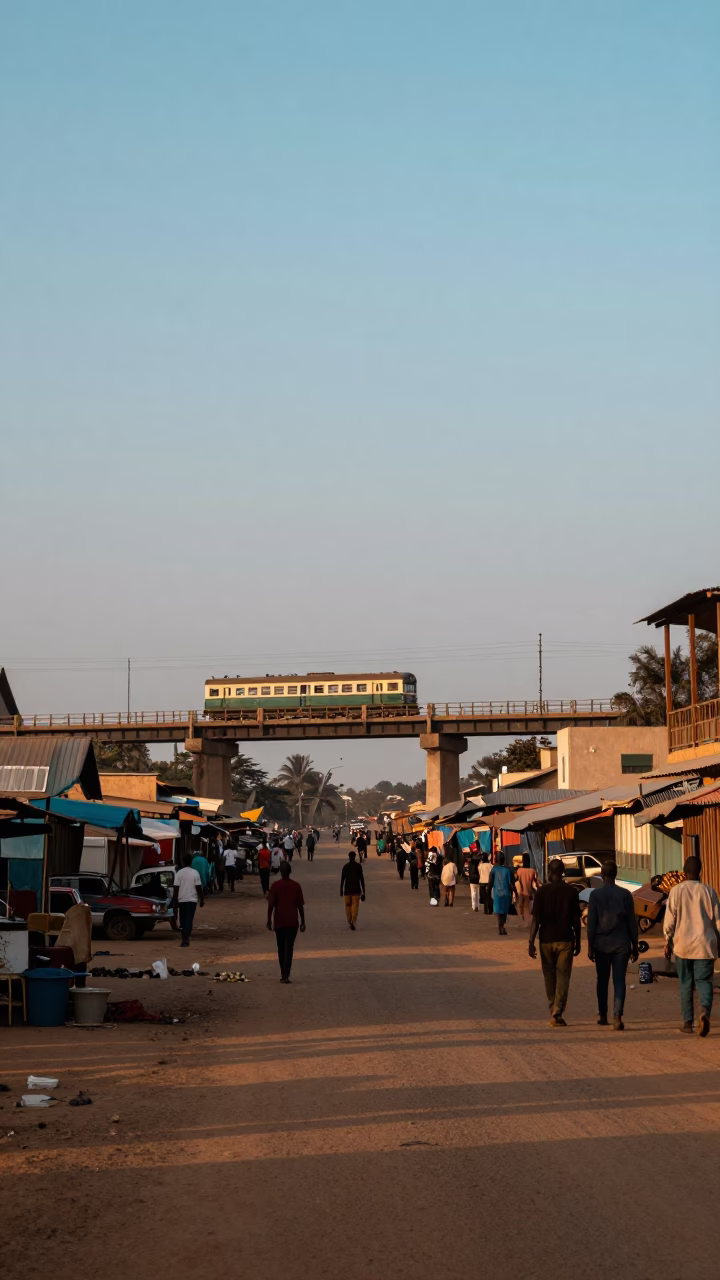 Dakar Senegal Dawn Street Scene with Vintage 1950s Commuter Train Crossing Bridge in in Dakar, Senegal