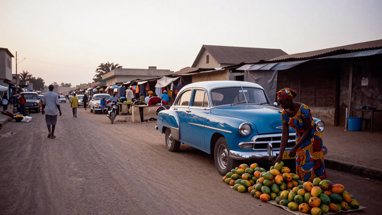 Dakar Senegal Dawn Street Scene with Vintage Car and Local Market Activity in in Dakar, Senegal