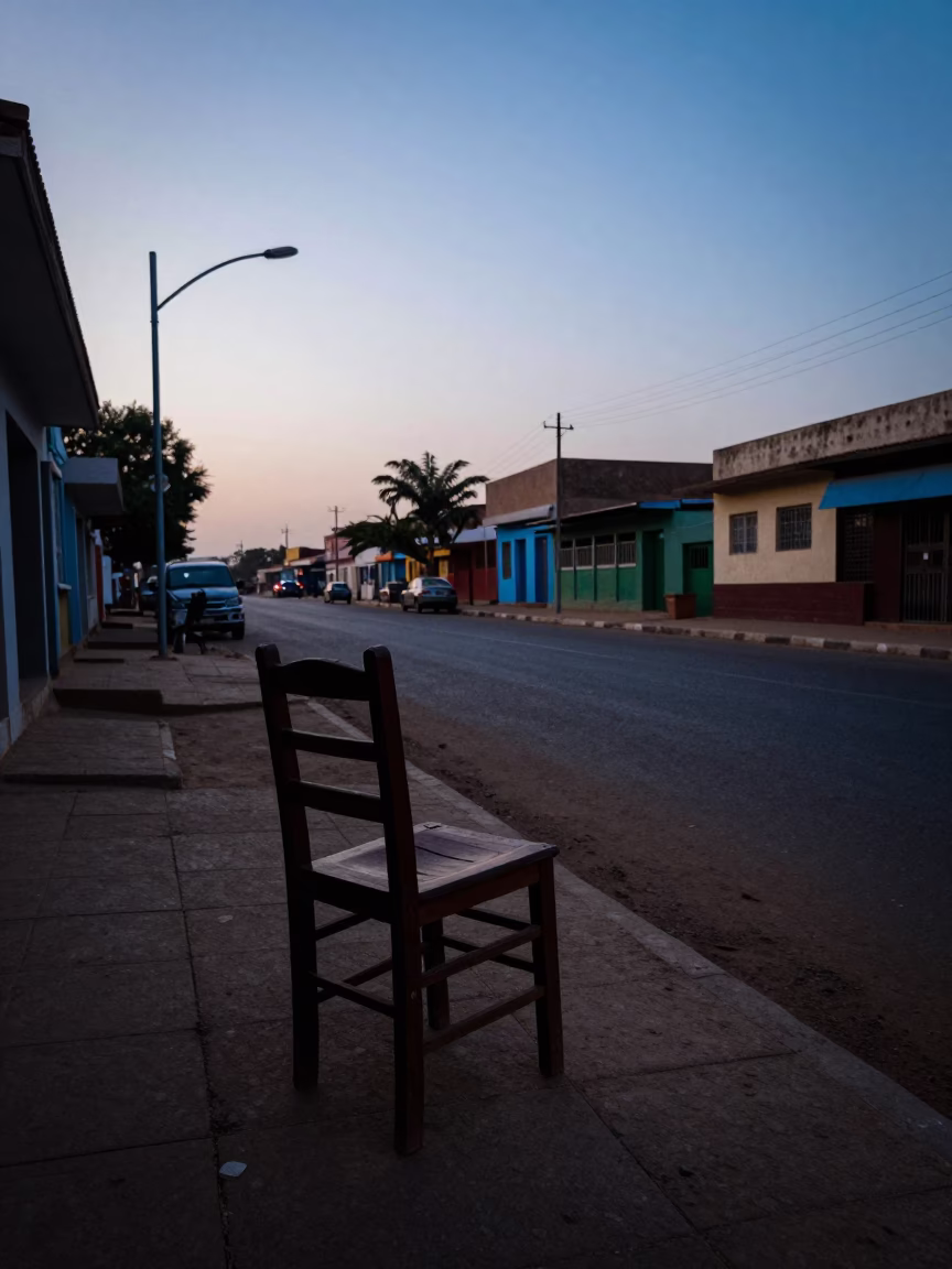 Dakar Senegal Dawn Street Scene with Wooden Chair and Early Morning Light in in Dakar, Senegal