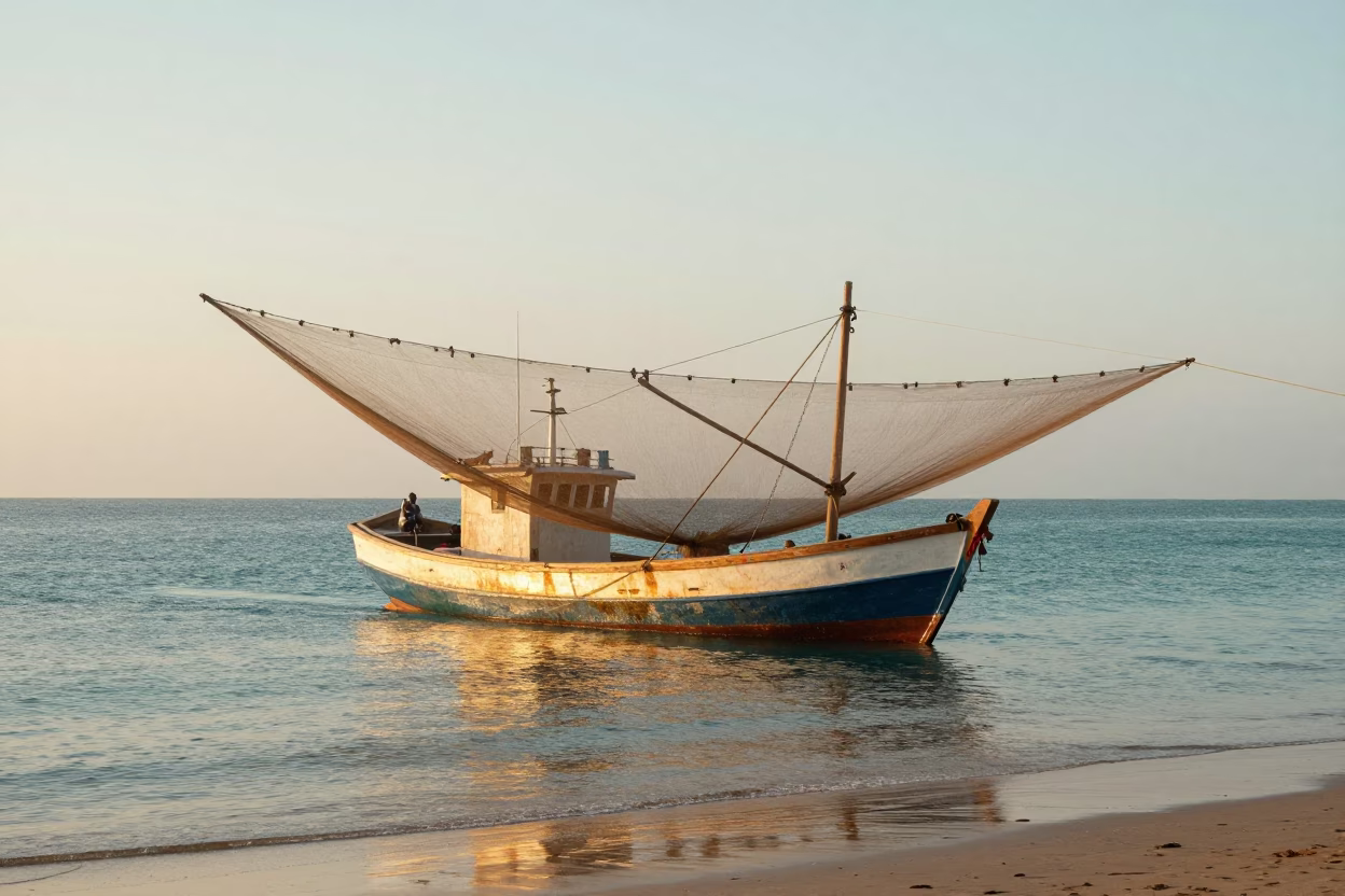 Dakar Senegal Early Morning Shrimp Trawler Nets Deployed at Sunrise Coastal Scene in in Dakar, Senegal