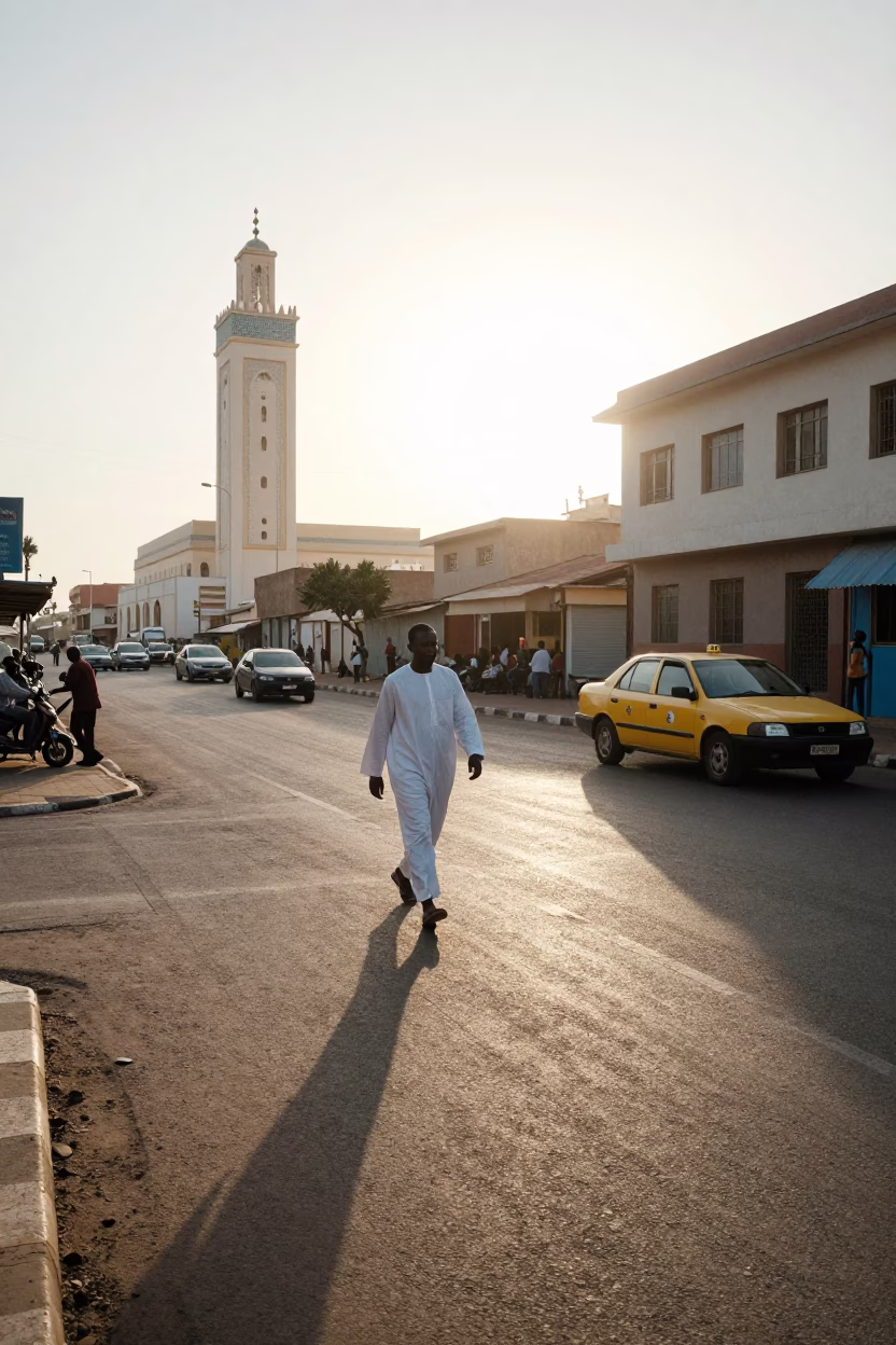 Dakar Senegal Early Morning Street Scene with Sunlight and Local Life in in Dakar, Senegal