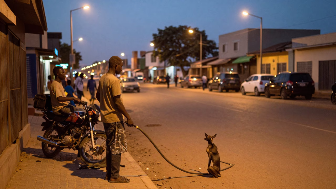 Dakar Senegal Evening Street Scene with Amulet and Hose Nozzle in in Dakar, Senegal