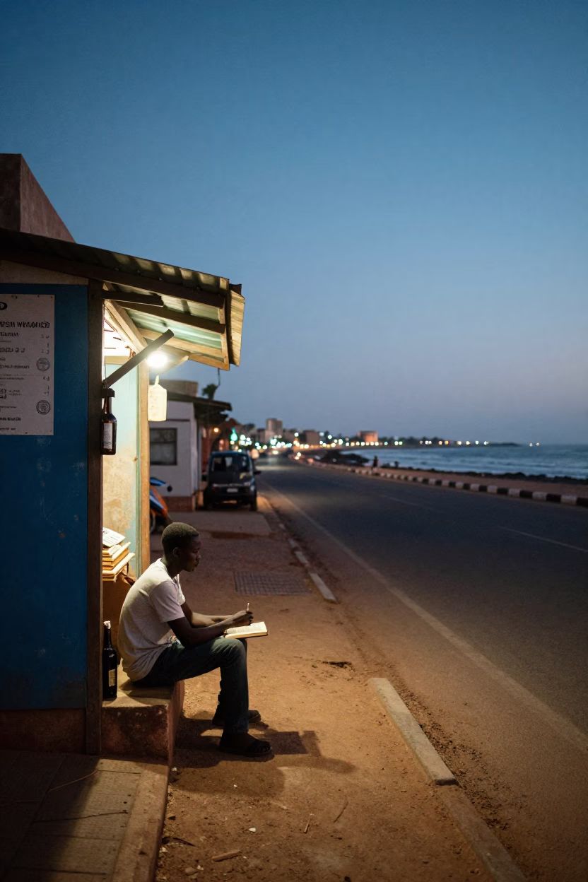 Dakar Senegal Evening Street Scene with Bottle and Book Light Near City Lights in in Dakar, Senegal