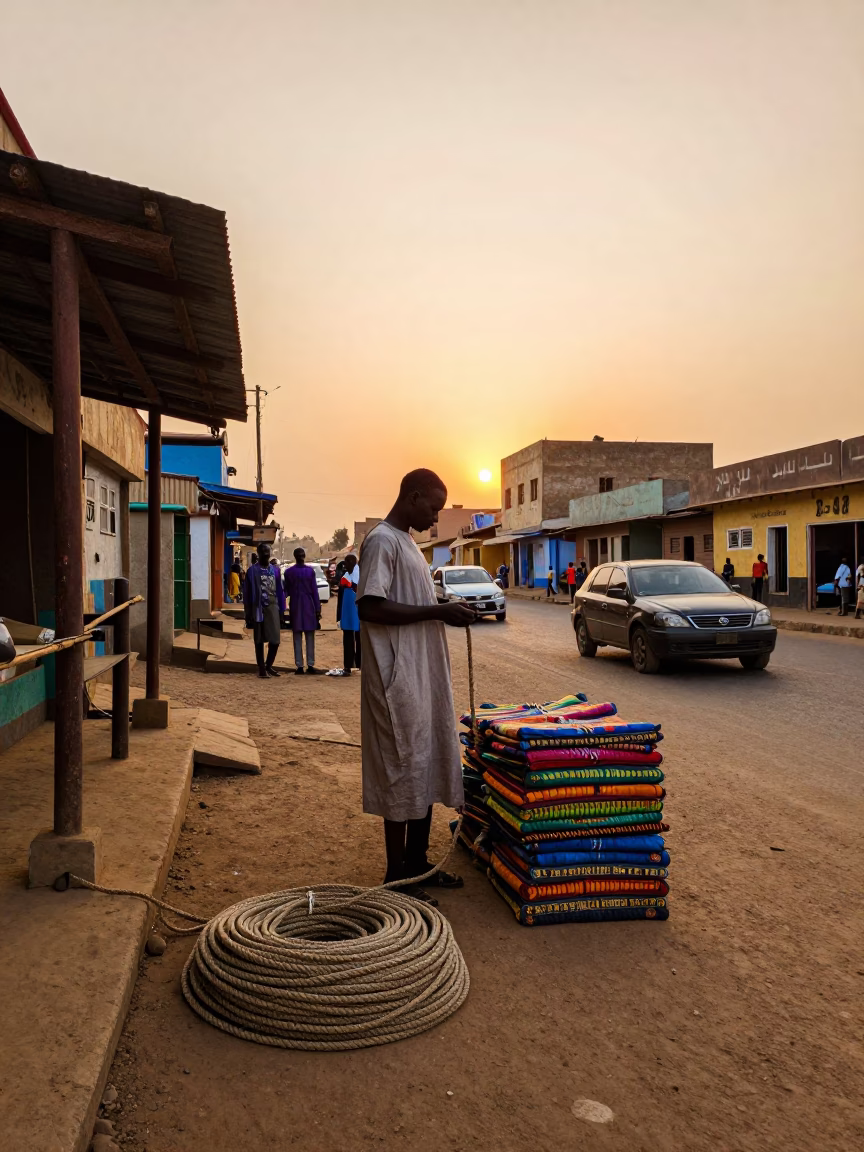 Dakar Senegal Evening Street Scene with Coiled Rope and Local Market Activity in in Dakar, Senegal