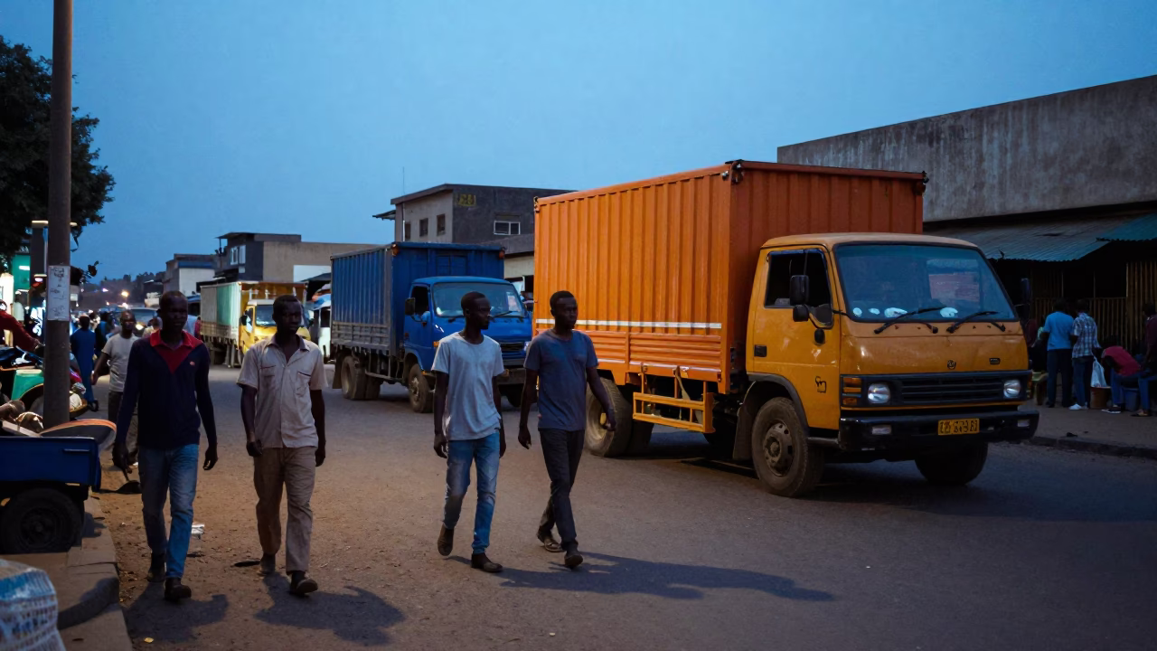 Dakar Senegal Evening Street Scene with Colorful Trucks and Local Market Activity in in Dakar, Senegal