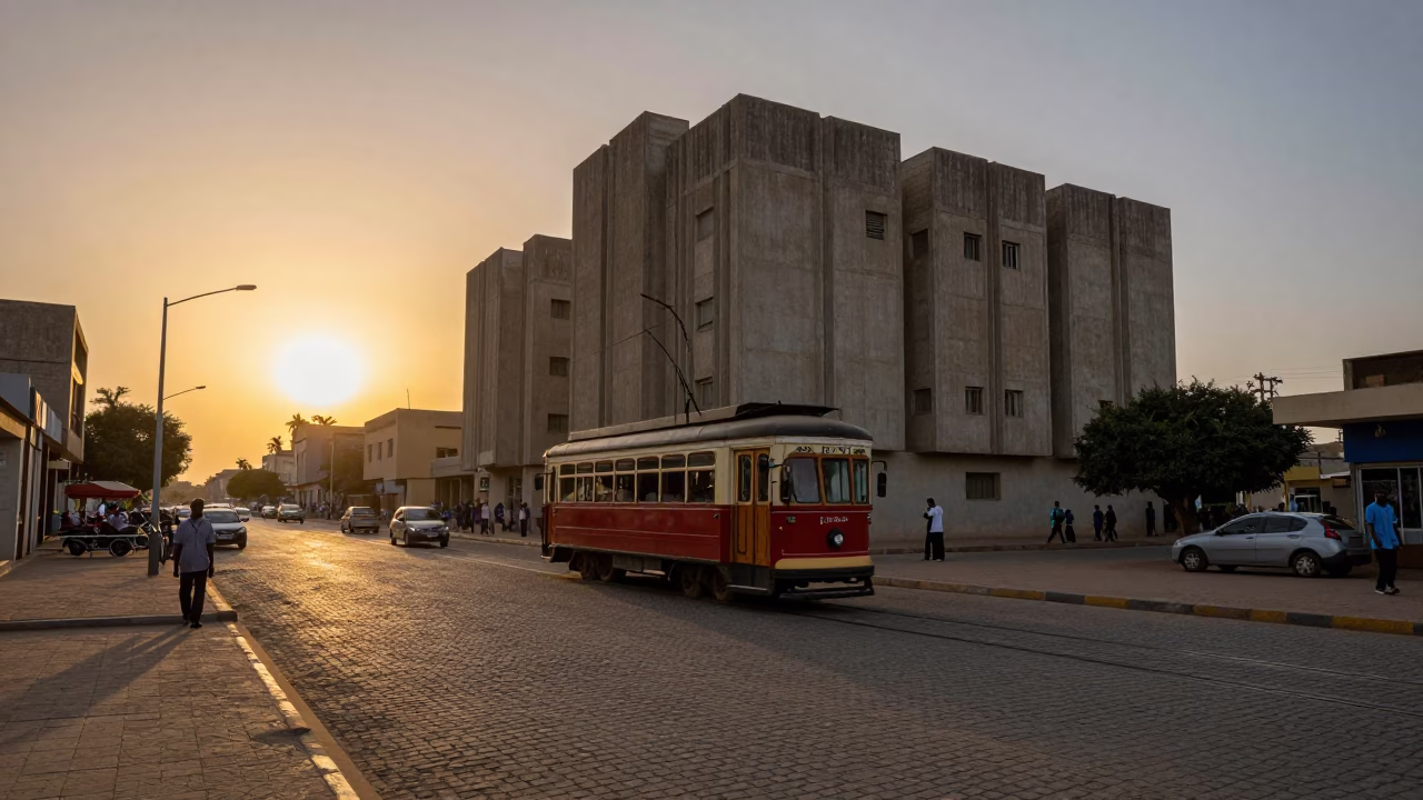 Dakar Senegal Evening Street Scene With Concrete Brutalist Architecture And Heritage Tram in in Dakar, Senegal