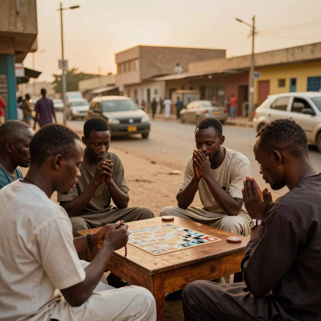 Dakar Senegal Evening Street Scene with Domino Game and Prayer Beads in in Dakar, Senegal