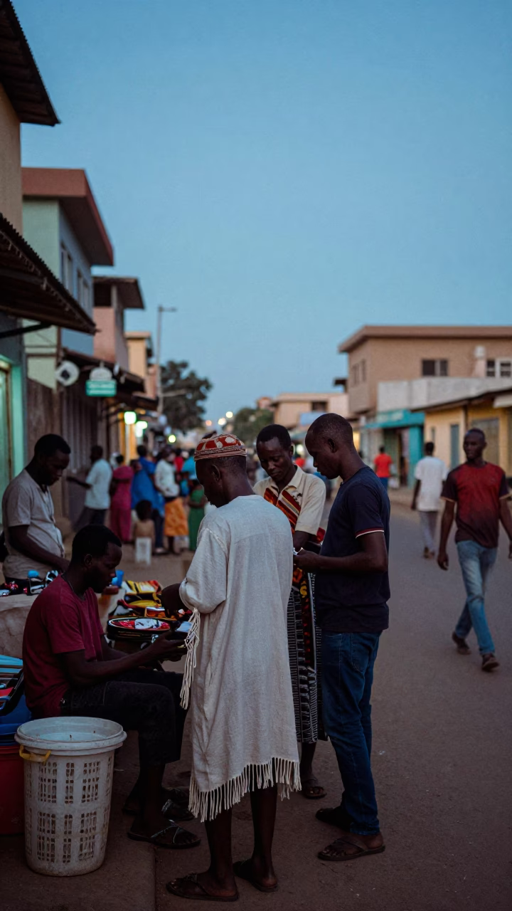 Dakar Senegal Evening Street Scene with Linen Fringe and Local Market Activity in in Dakar, Senegal