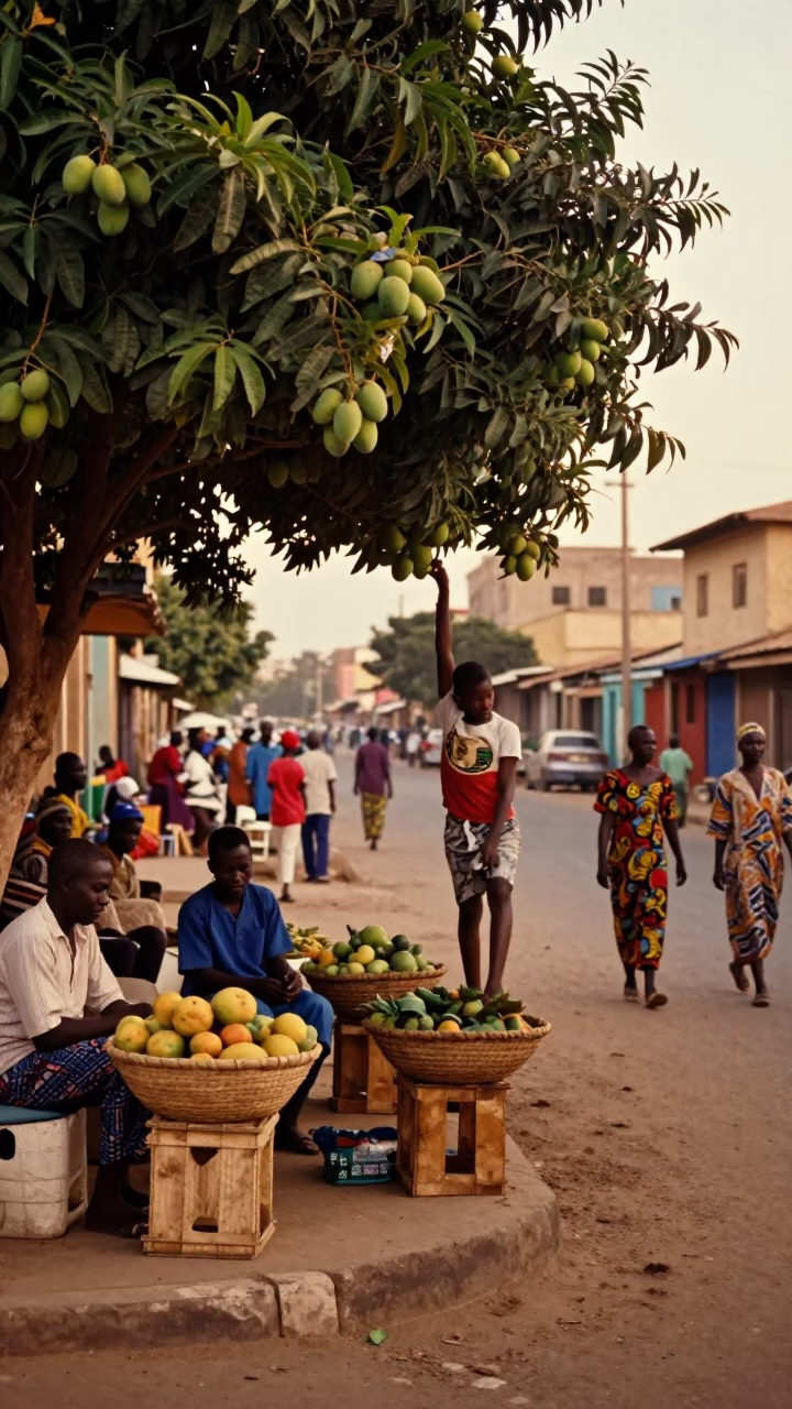 Dakar Senegal Evening Street Scene with Mango Tree and Local Market Activity in in Dakar, Senegal
