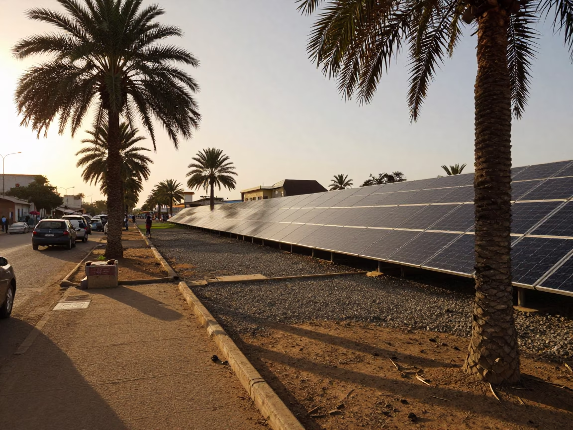 Dakar Senegal Evening Street Scene with Solar Panels and Palm Avenues in in Dakar, Senegal