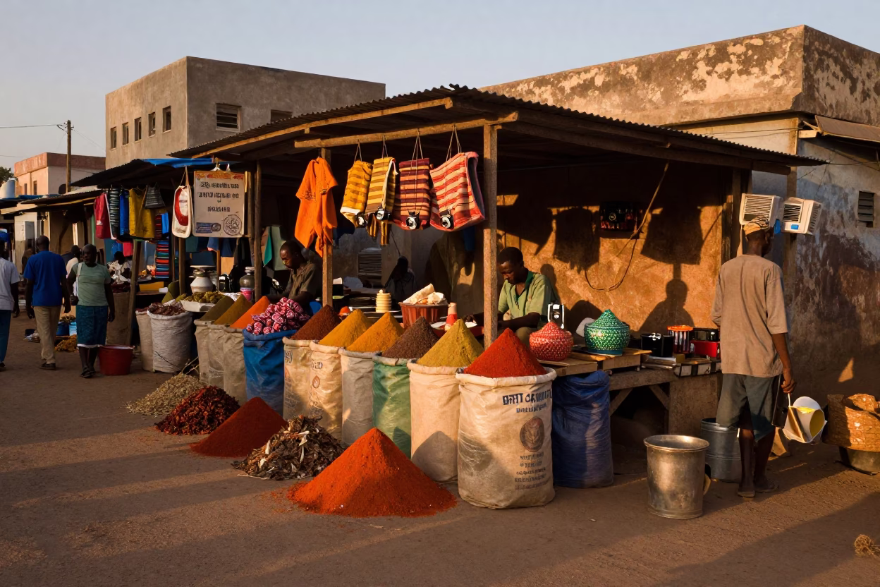 Dakar Senegal Evening Street Scene with Spilled Spices and Colorful Market Stalls in in Dakar, Senegal