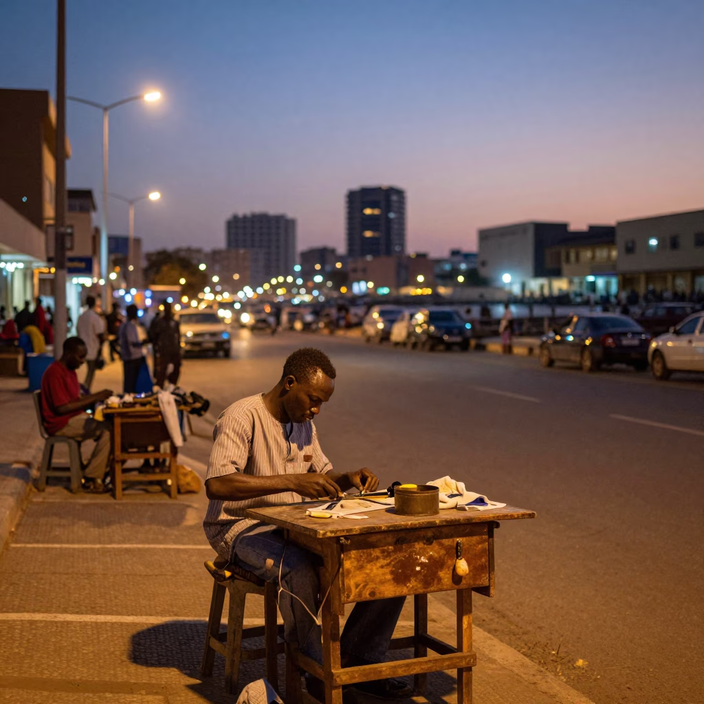 Dakar Senegal Evening Street Scene with Tailor Shears and Refinery Lights in in Dakar, Senegal