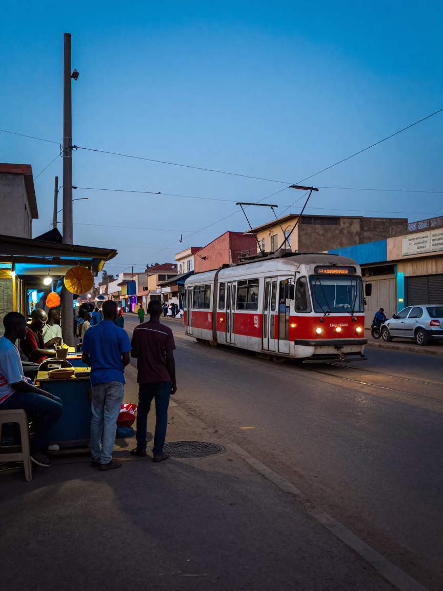 Dakar Senegal Evening Street Scene with Tram and Local Life in in Dakar, Senegal
