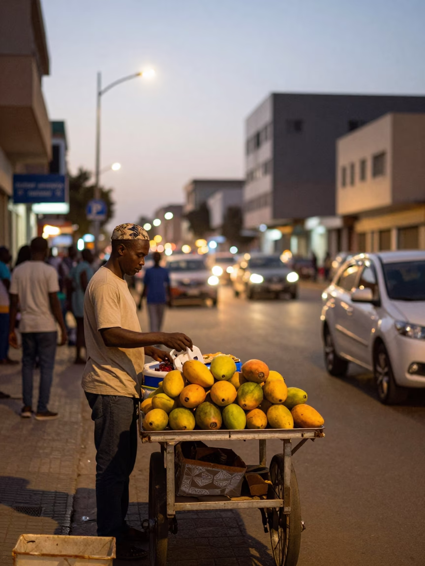 Dakar Senegal Evening Street Scene with Vendor and City Lights in in Dakar, Senegal