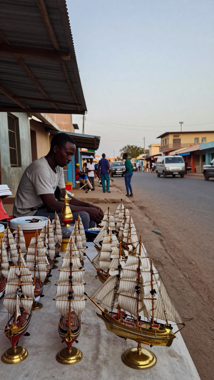 Dakar Senegal Evening Street Scene with Vendor Displaying Model Ships and Brass Wares in in Dakar, Senegal