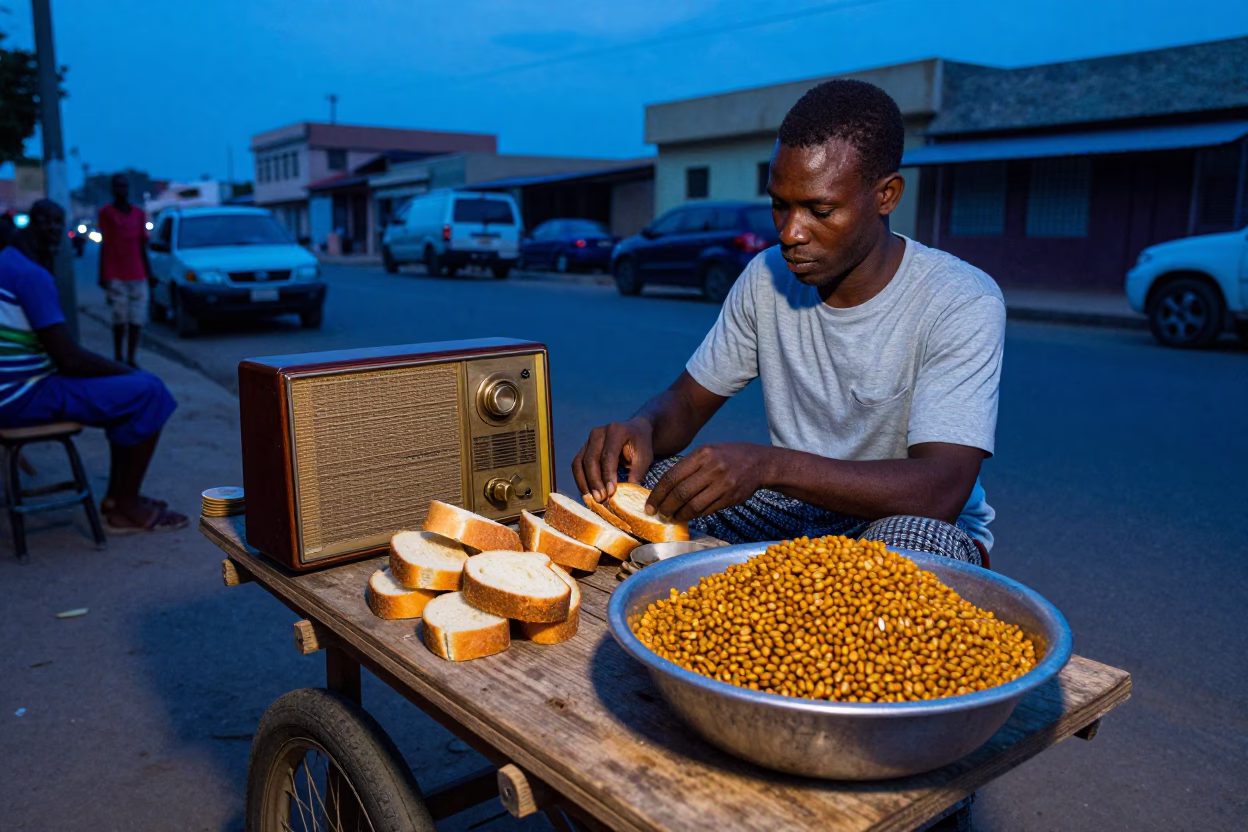 Dakar Senegal Evening Street Scene with Vintage Radio and Fasolia Stew in in Dakar, Senegal