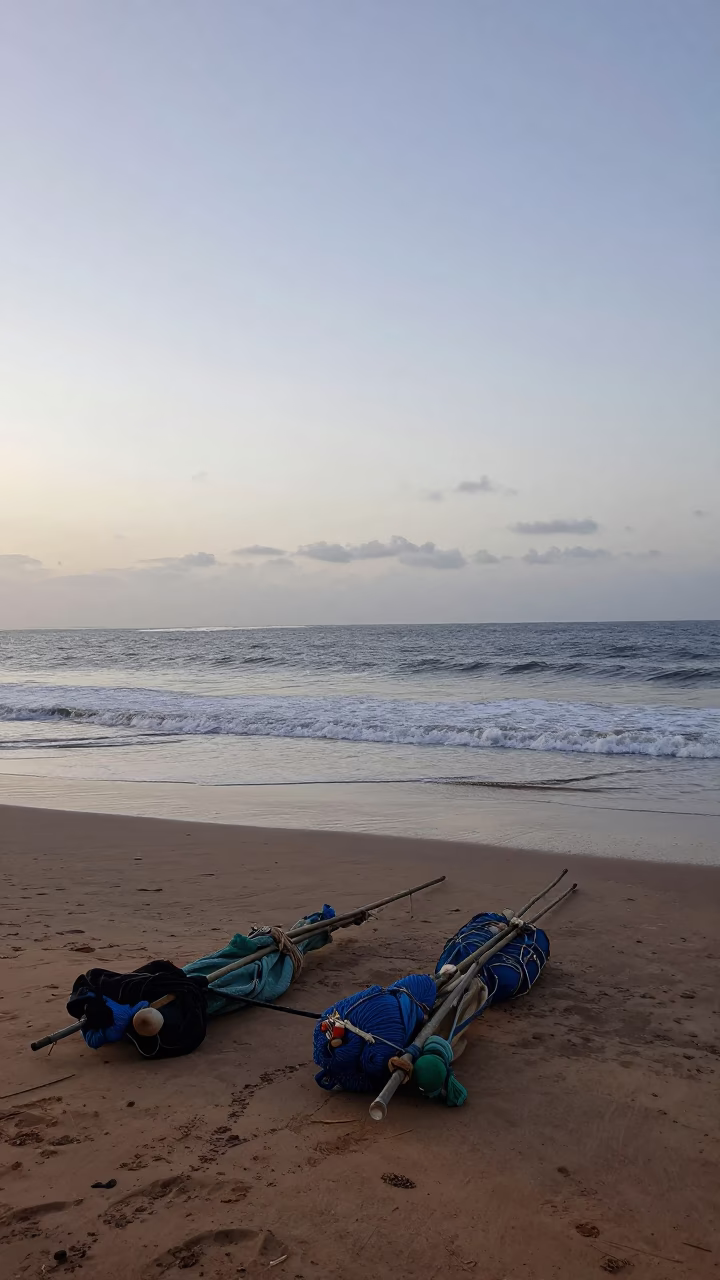 Dakar Senegal First Light Dawn Coastal Scene with Fishing Gear and Breakwater Beacon in in Dakar, Senegal