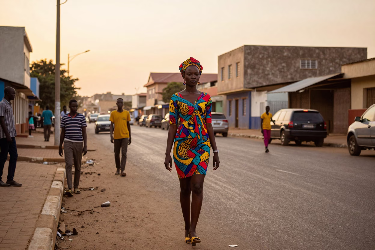 Dakar Senegal First Light Dawn Street Scene Colorful High Fashion 1990s Aesthetic in in Dakar, Senegal