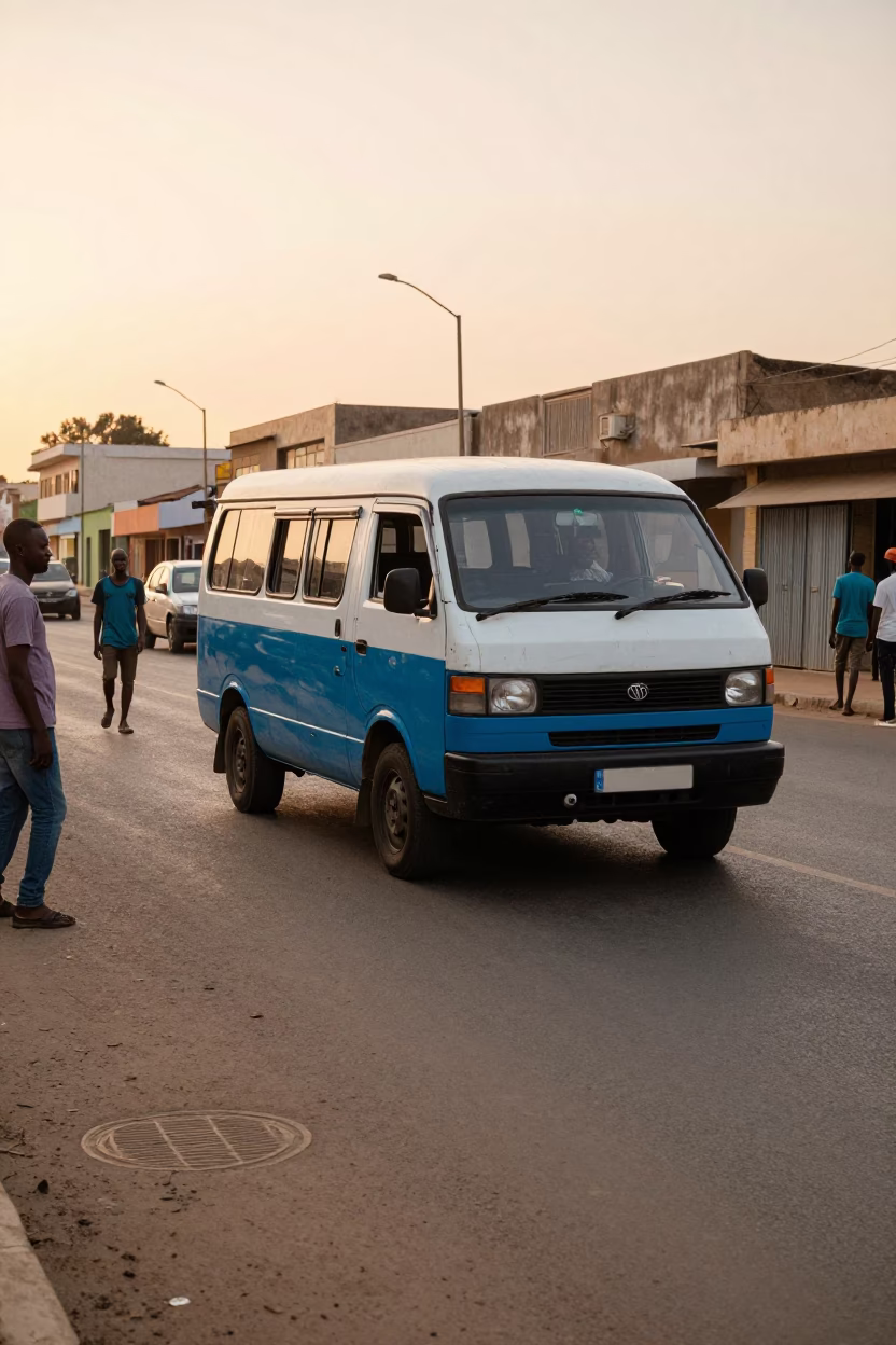 Dakar Senegal Golden Hour Street Life with Blue Minibus and Pedestrians in in Dakar, Senegal