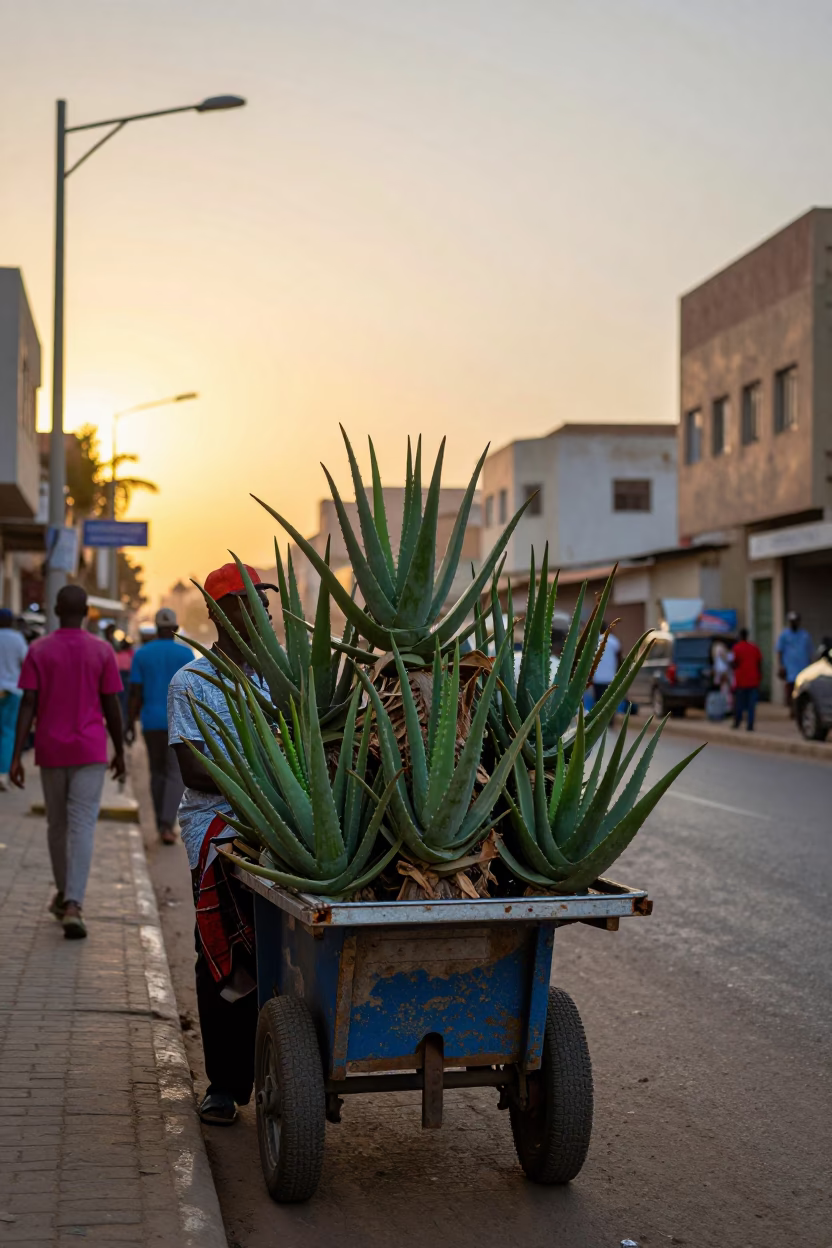 Dakar Senegal Golden Hour Street Scene with Aloe Vera Plant and Colorful Minibus in in Dakar, Senegal