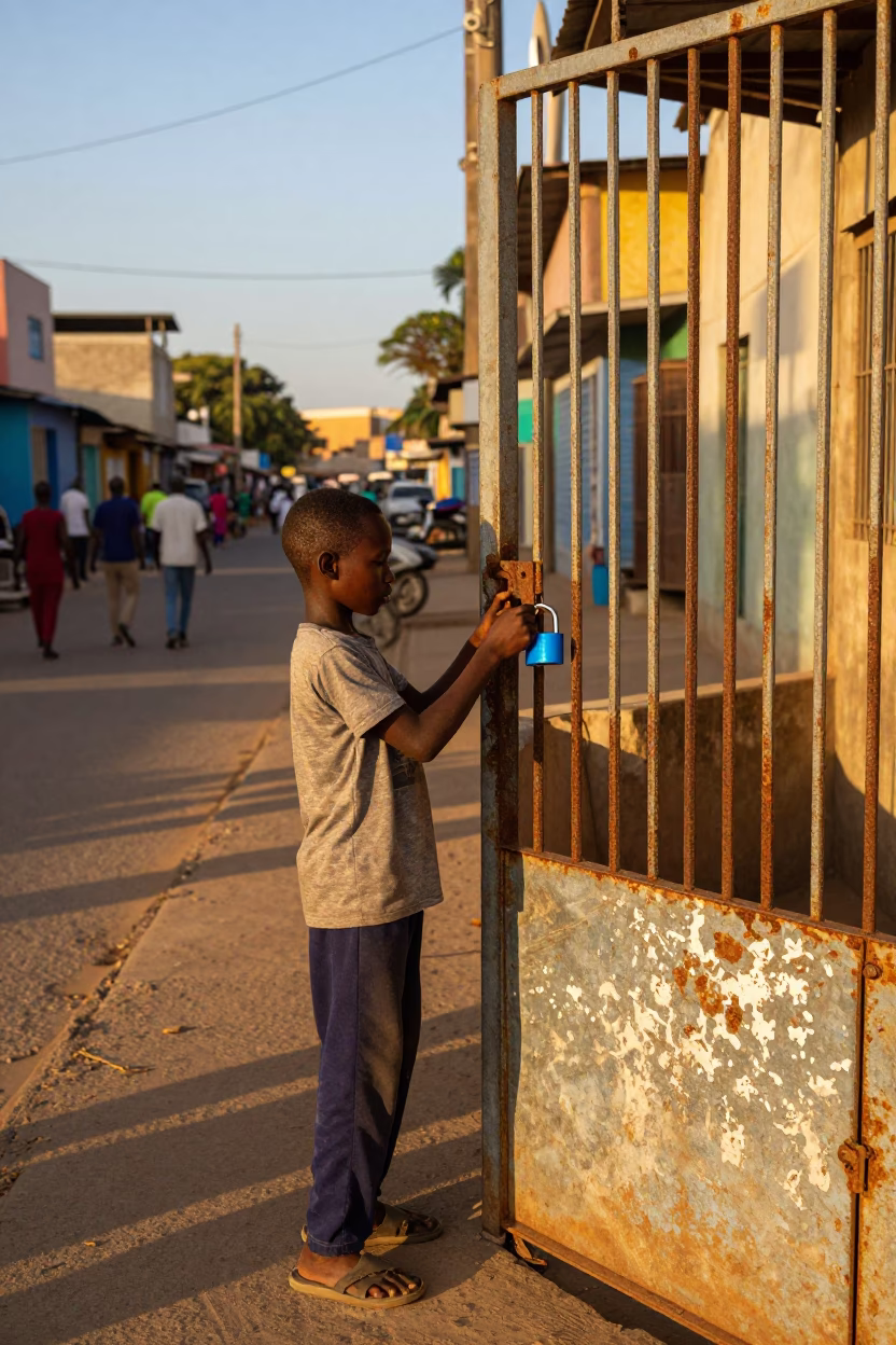 Dakar Senegal Golden Hour Street Scene with Blue Padlock and Local Life in in Dakar, Senegal