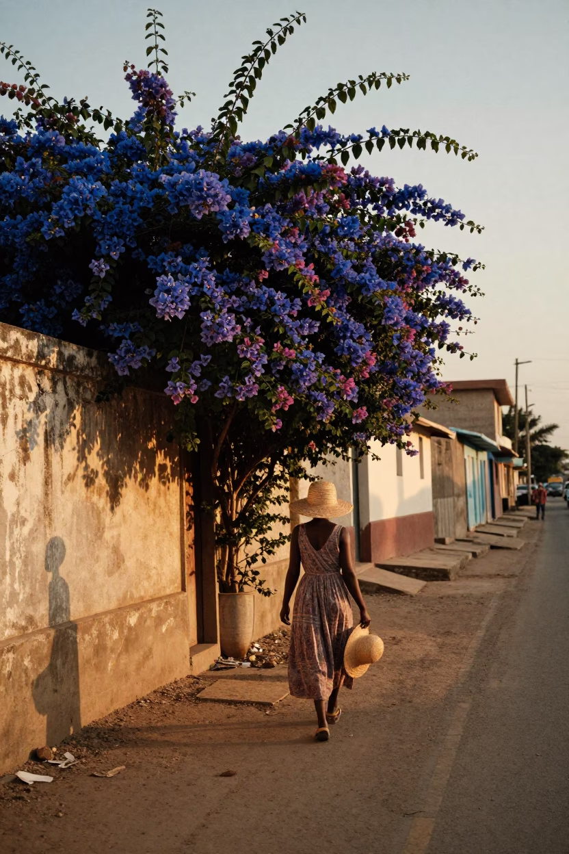Dakar Senegal Golden Hour Street Scene with Bougainvillea and Straw Hat in in Dakar, Senegal