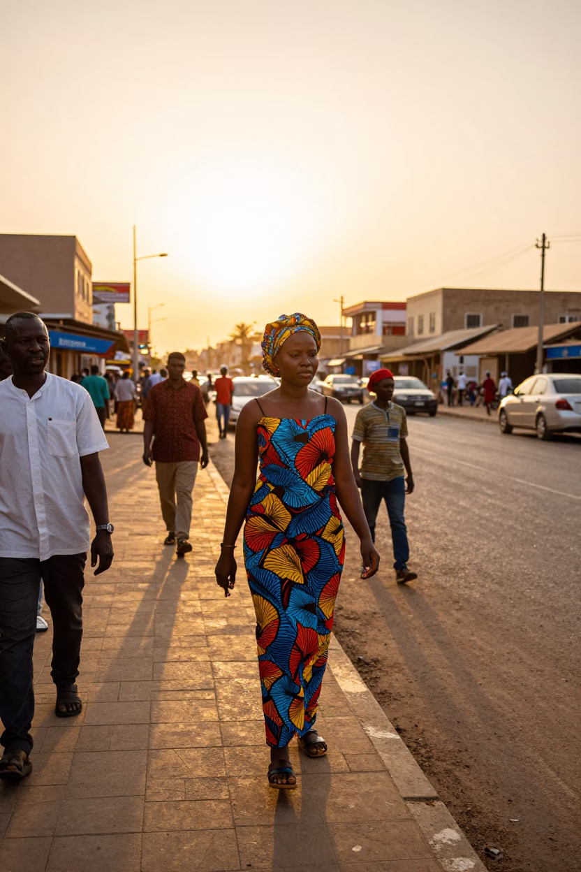 Dakar Senegal Golden Hour Street Scene with Colorful Fashion and Local Life in in Dakar, Senegal
