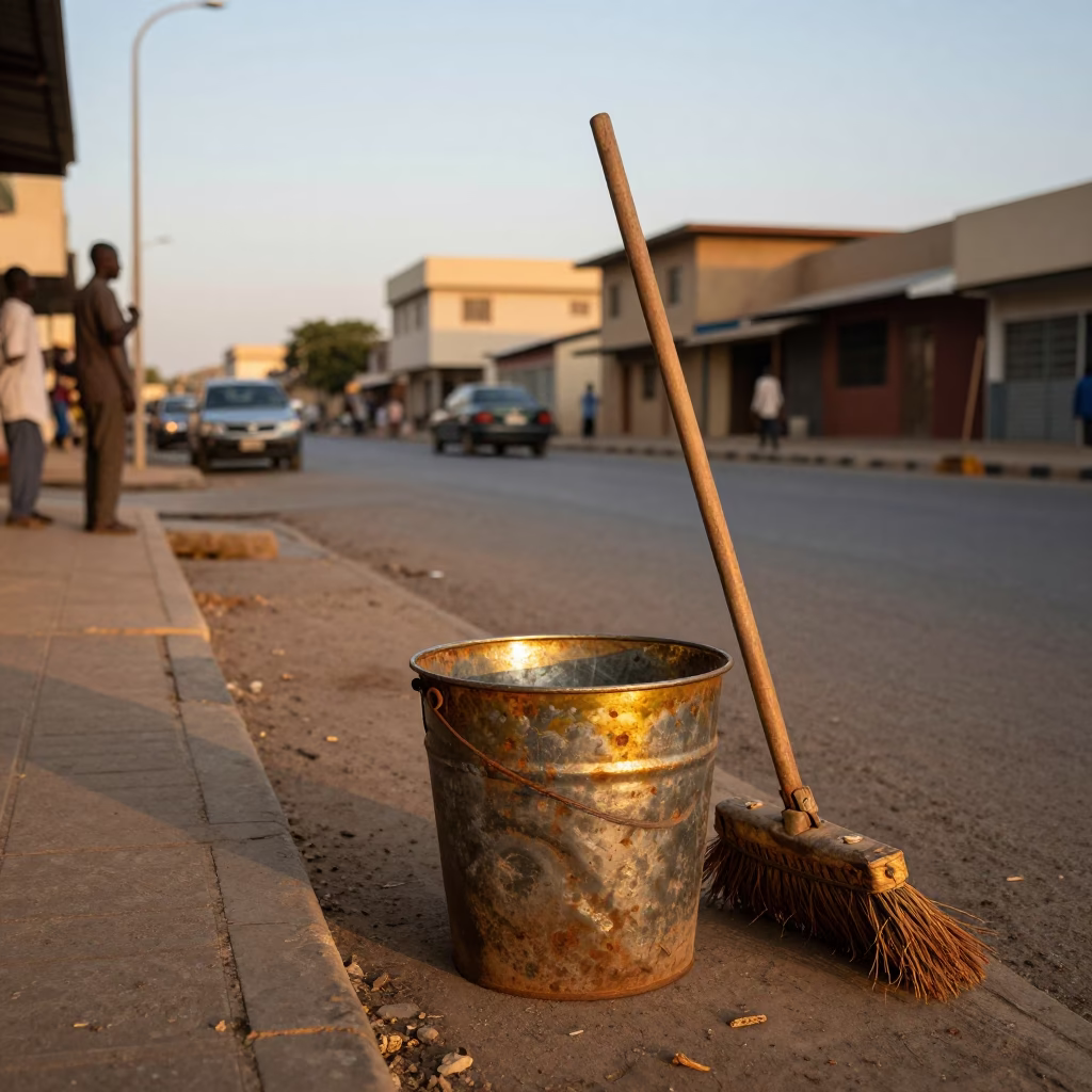 Dakar Senegal Golden Hour Street Scene with Rusty Metal Bucket and Broom in in Dakar, Senegal