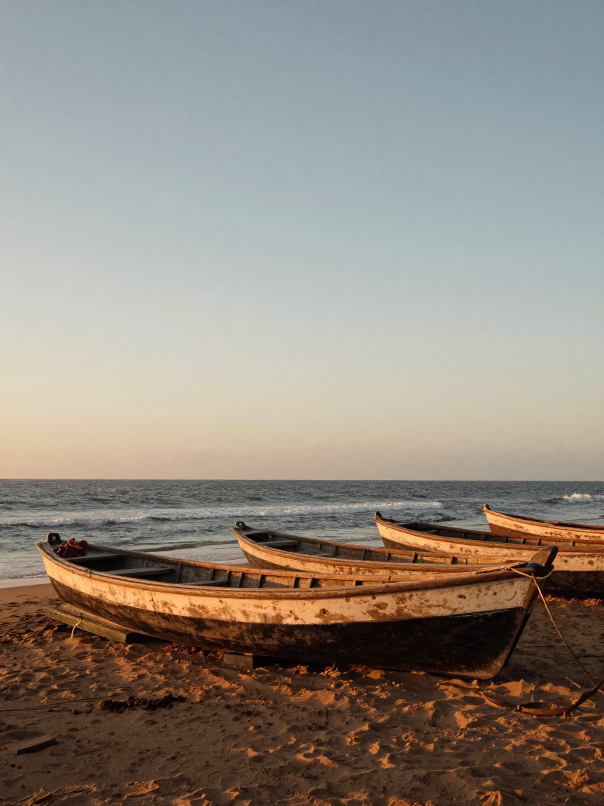 Dakar Senegal honeyed evening light fishing boats and horizon in in Dakar, Senegal