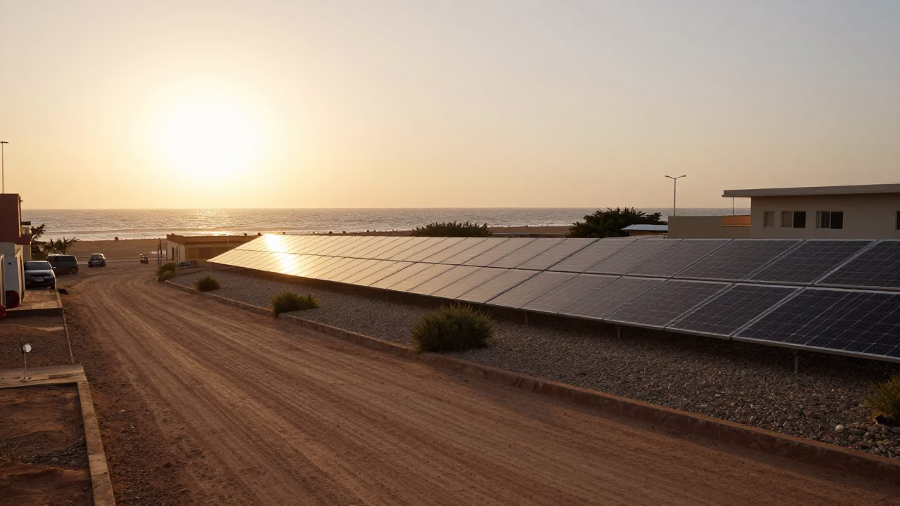 Dakar Senegal Honeyed Evening Light Solar Array and Coastal Street Scene in in Dakar, Senegal