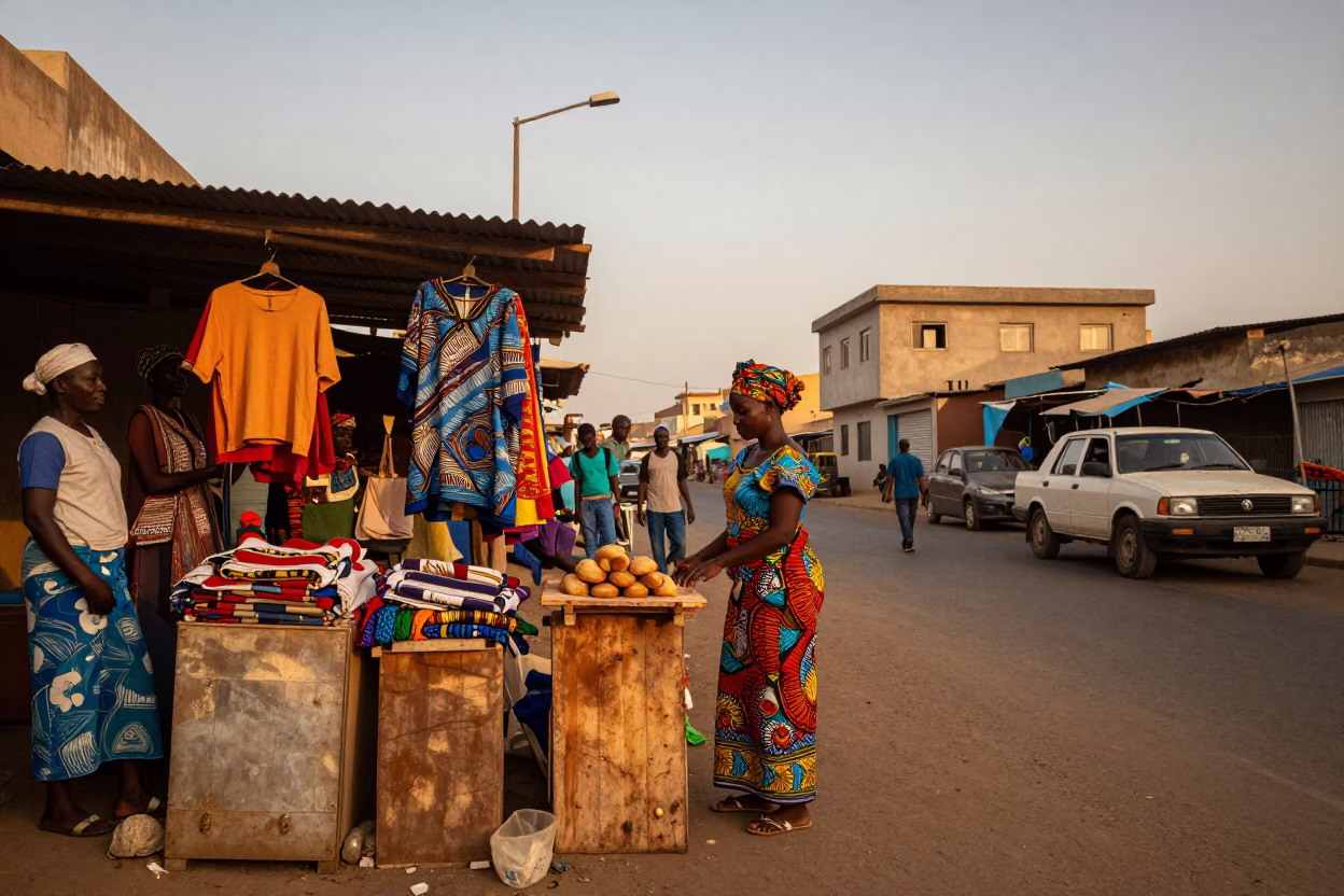 Dakar Senegal honeyed evening street scene with local interaction and urban textures in in Dakar, Senegal