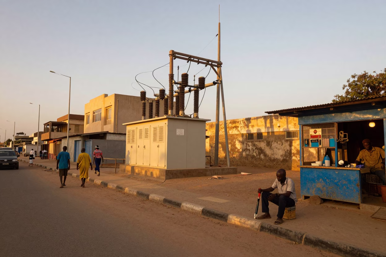 Dakar Senegal honeyed evening street scene with power substation and daily life in in Dakar, Senegal